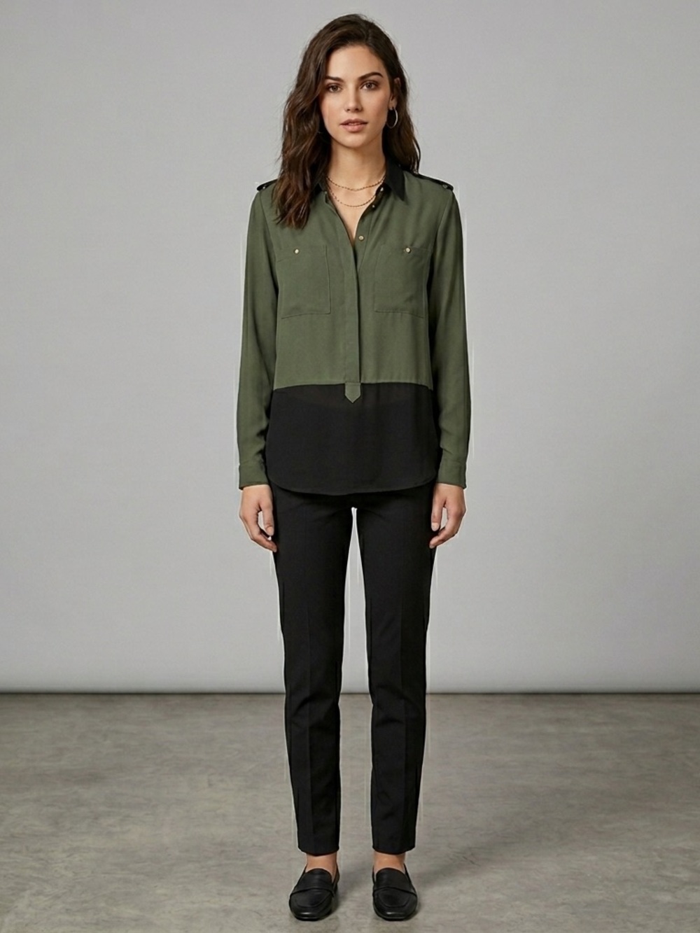 Zara Olive Green Military Mixed Media Button Down Shirt XS